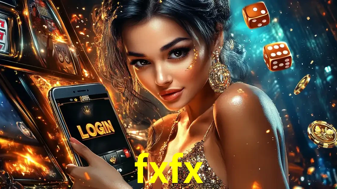 Mulher glamourosa segurando um celular com a tela de login do cassino fxfx, rodeada por dados e moedas douradas, pronta para começar a diversão.