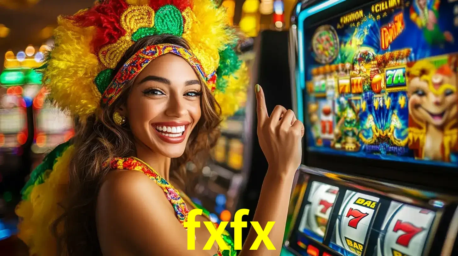Mulher animada com um cocar de carnaval apontando para uma máquina de caça-níqueis, mostrando a emoção de ganhar um grande prêmio nos jogos do fxfx.