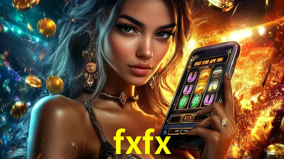 Mulher elegante mostrando um jogo de caça-níqueis em seu smartphone, destacando a experiência de cassino móvel oferecida pelo aplicativo fxfx.